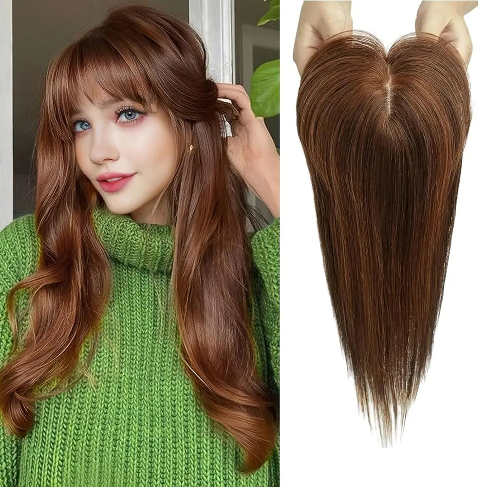 Real Human Hair Toppers. Silk Base Clip-in. Topper with Bangs. 14 Inch
