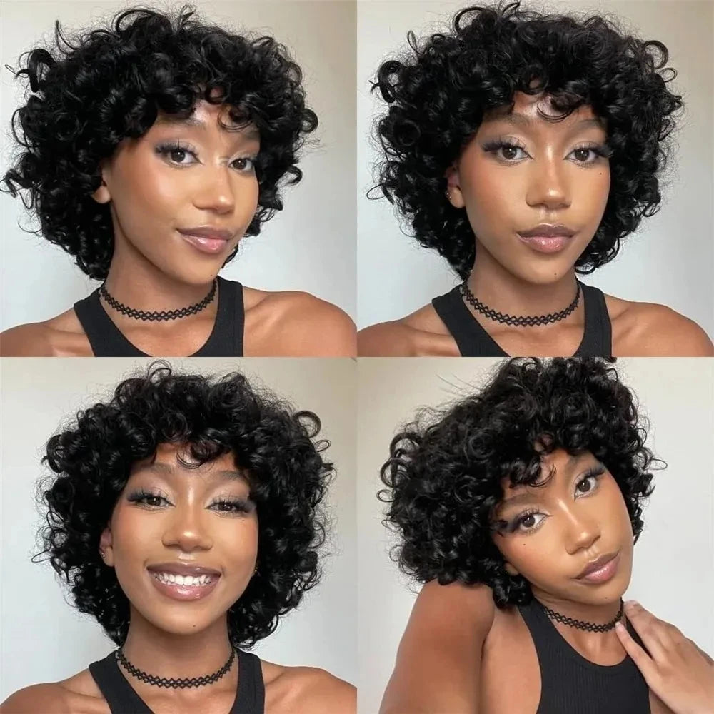 Pixie Cut Human Hair Wigs For Black Women Afro Rose Curly Funmi Machine Made Wigs with Bangs Short Bouncy Curly Bob Wig