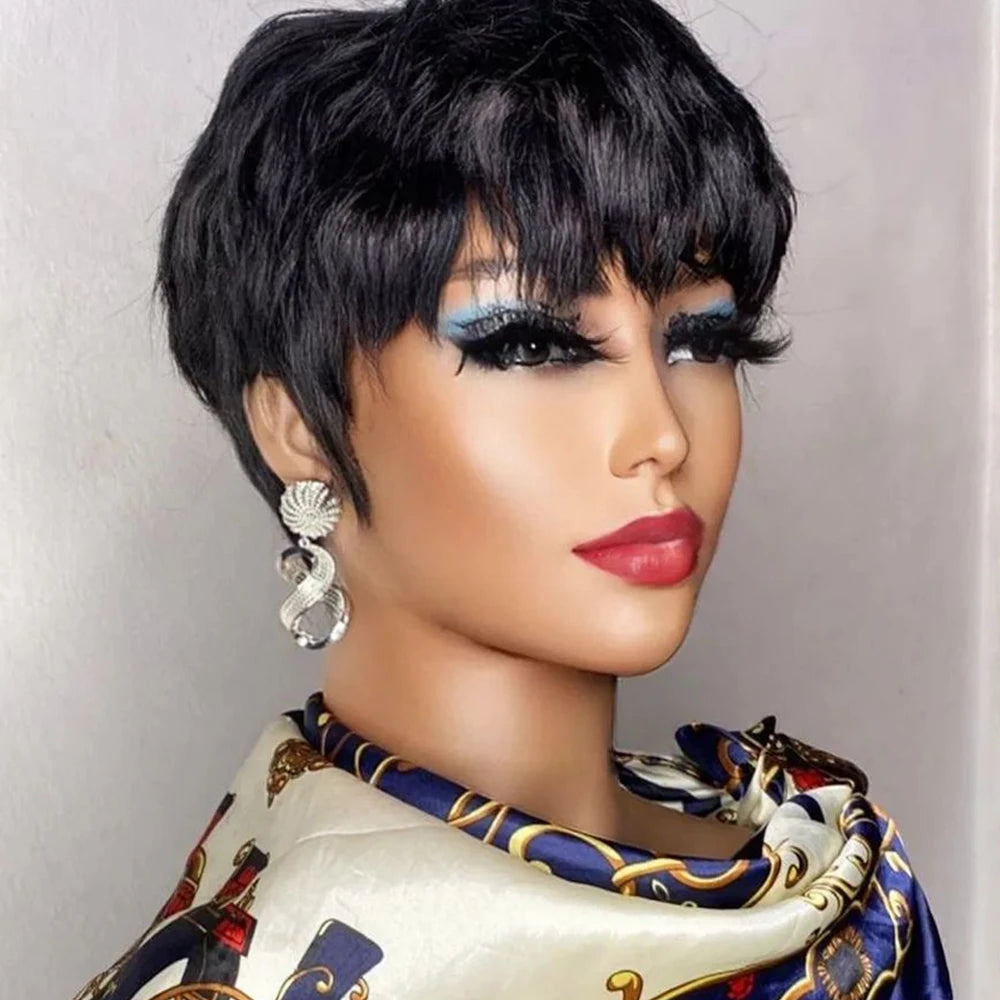 Short Pixie Cut Wig Human Hair For Black Women Machine Made Wigs With Bangs Colored Wig Human Hair Wigs