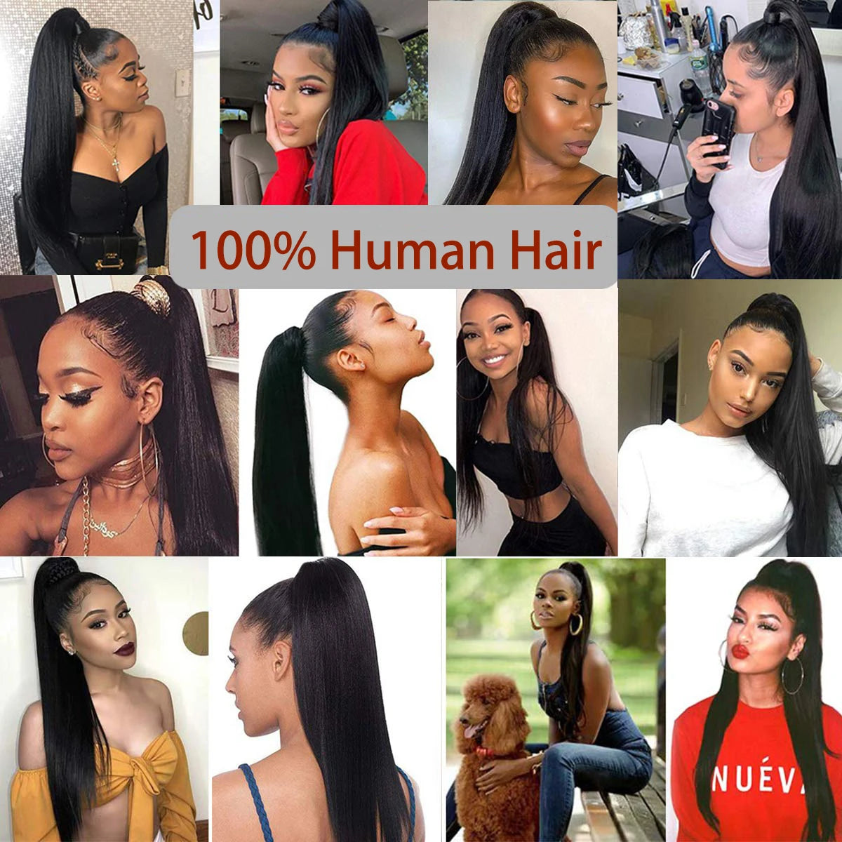 Straight Human Hair Ponytail Drawstring 100% Remy Ponytails Extension for Women Brazilian Long Straight Hair Natural Color #1B