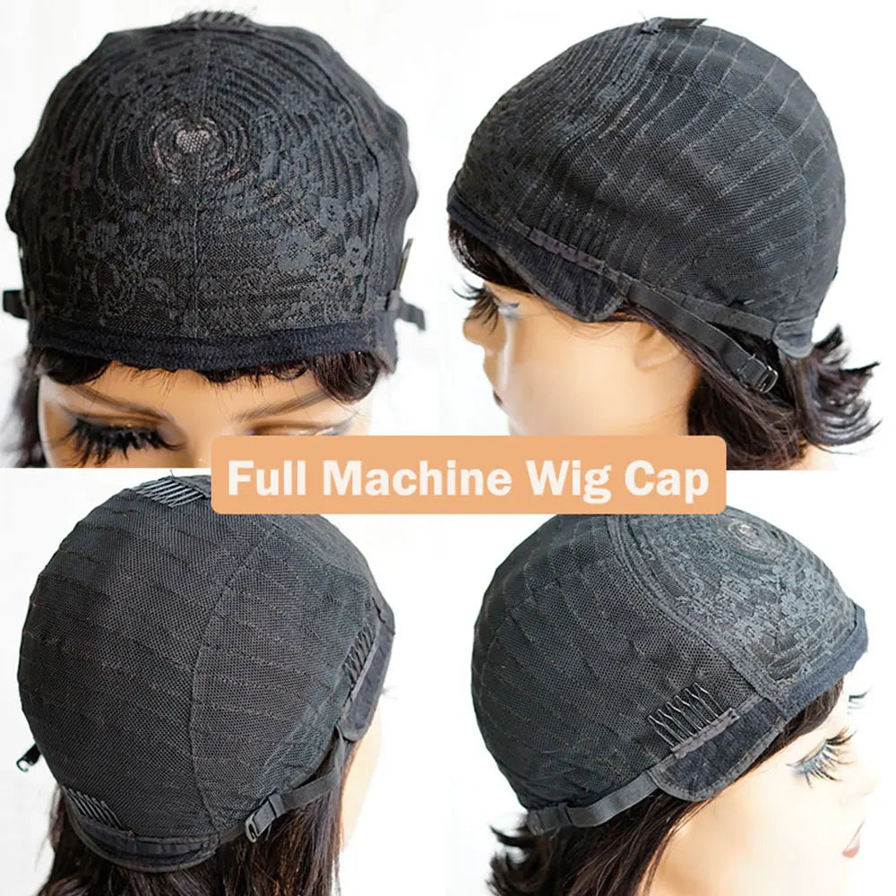 Short Pixie Cut Wigs Wear And Go Glueless Wigs Human Hair Short Straight Bob Wig With Bangs Black Brazilian Full Machine Wig