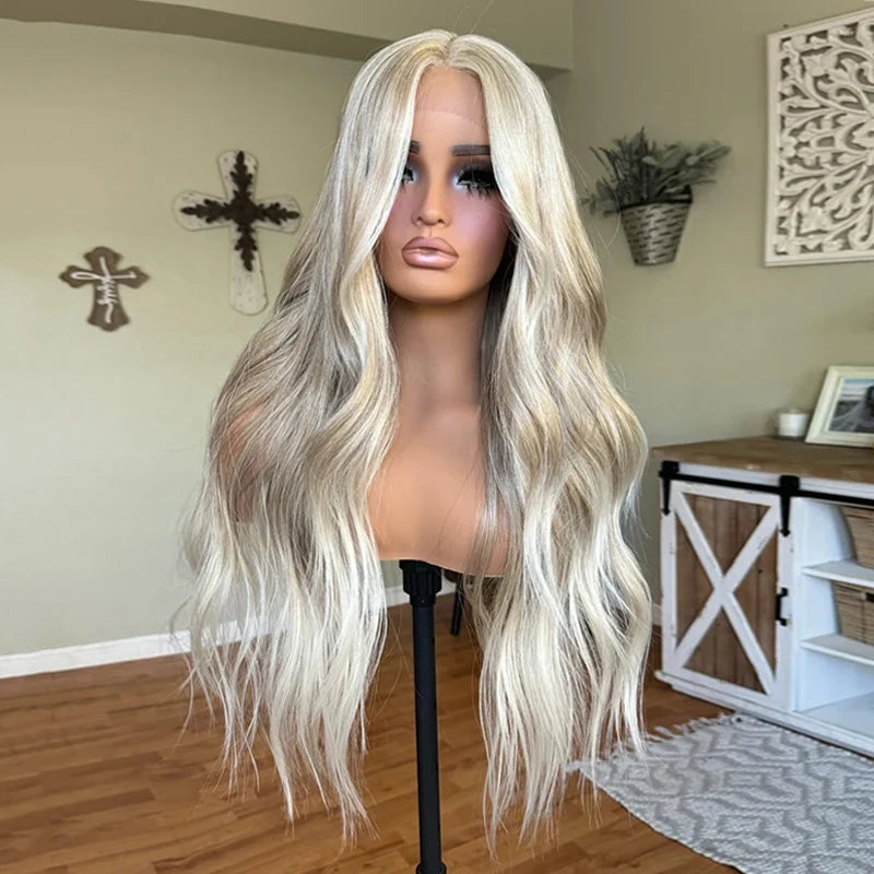 HD Lace Front Glueless Wig Platinum Ash Blonde Balayage Colored Wig Heat Resistant Luxury Human Hair Synthetic Blended Fiber