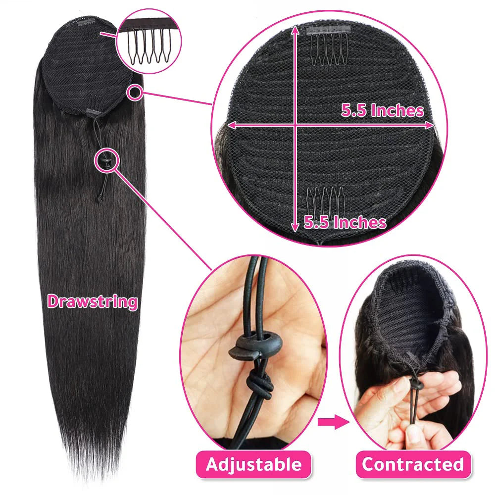 Drawstring Ponytail Human Hair Extensions For Women Natural Color Straight Drawstring 10"-26" 100% Human Hair Ponytail Extension