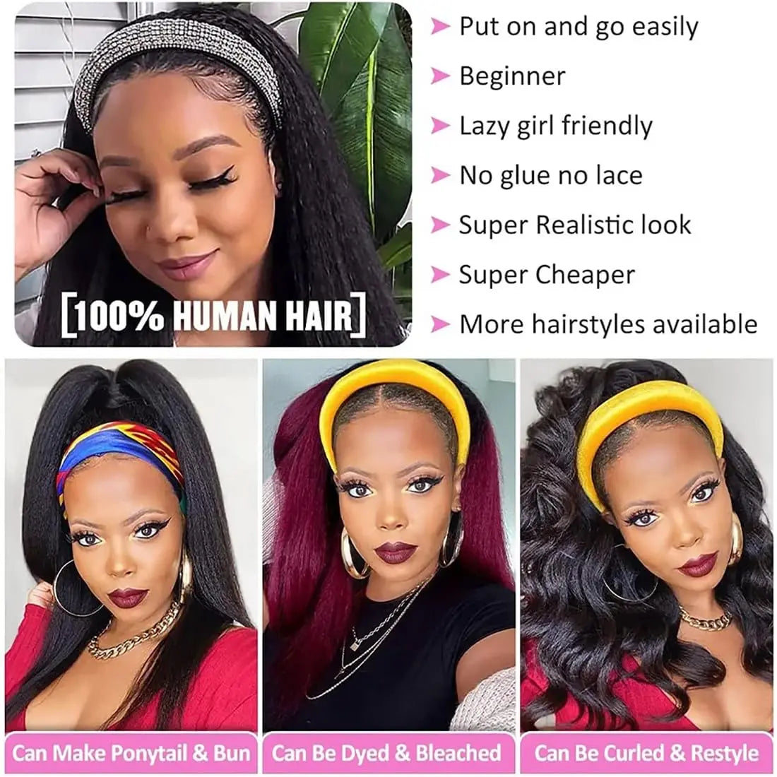 Kinky Straight Headband Wig Human Hair Glueless Human Hair Wigs with Headband Brazilian Virgin Hair Wear and Go Machine Made Wig