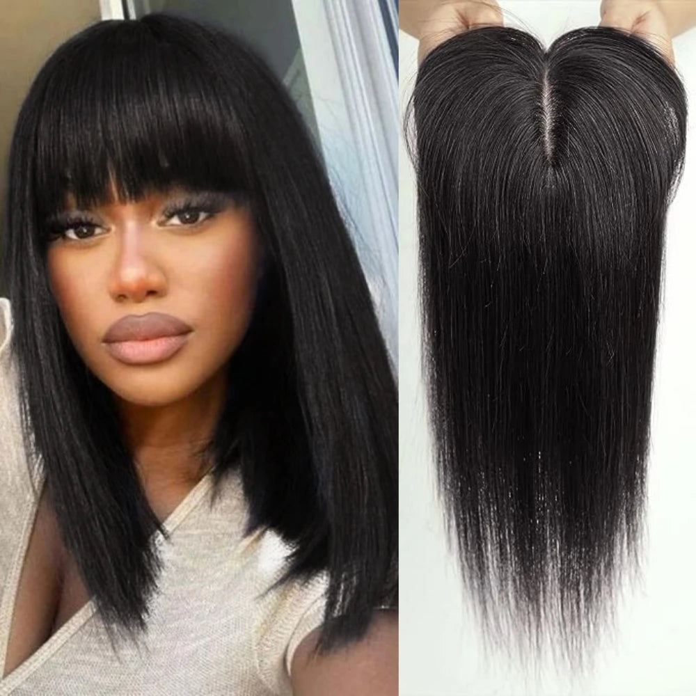 Real Human Hair Toppers. Silk Base Clip-in. Topper with Bangs.  14 Inch