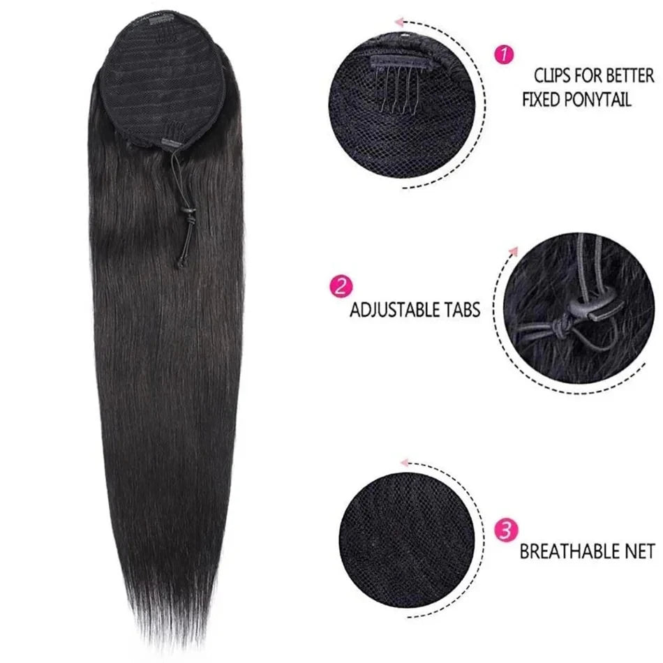 Drawstring Ponytail Human Hair Extensions For Women Natural Color Straight Drawstring 10"-26" 100% Human Hair Ponytail Extension