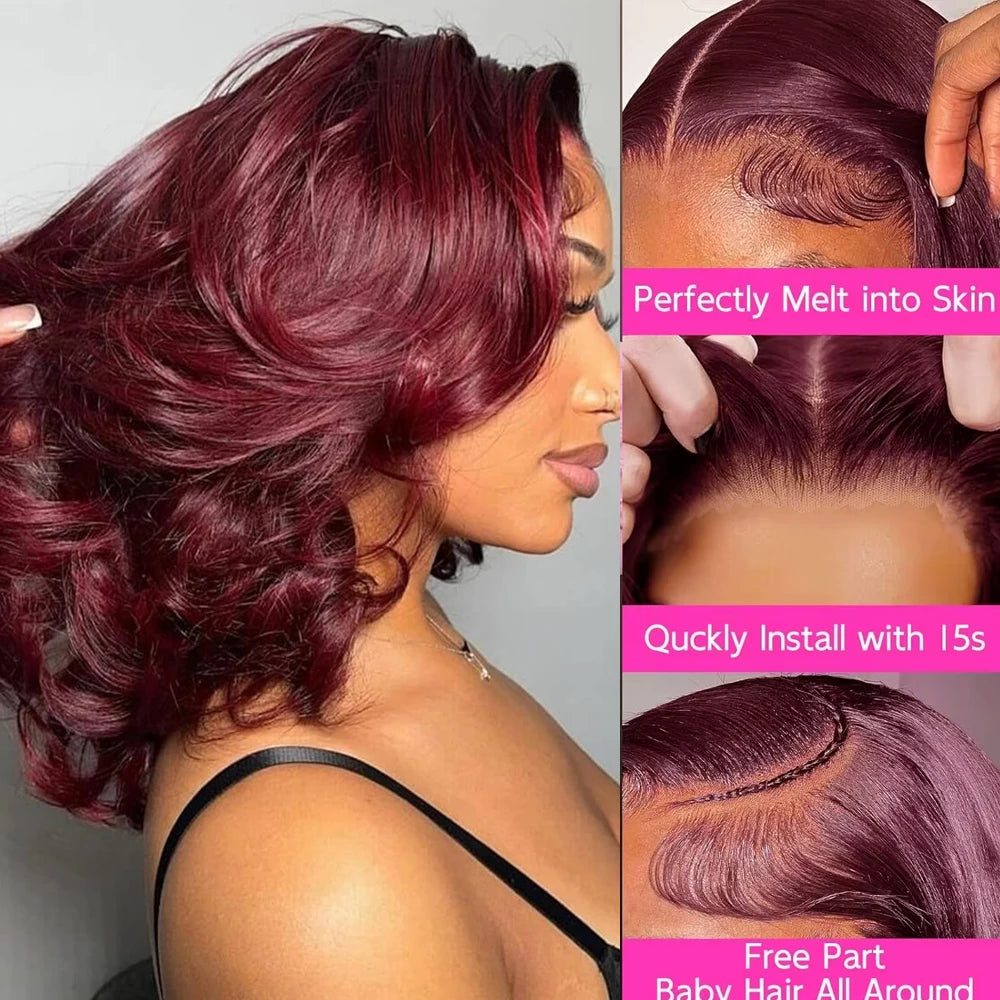 Loose Wave Bob Wig 99J Burgundy 100% Human Hair Short Bob Colorful Wig 13x4 Lace Front Wigs for Women Pre Plucked with Baby Hair