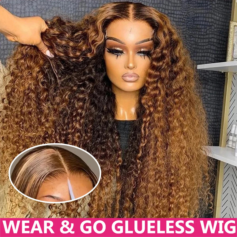 Wear And Go Glueless Wig Ombre Highlight Deep Water Wave 6x4 Hd Lace Glueless Pre Plucked Human Wigs Ready To Go Curly Wig 100%