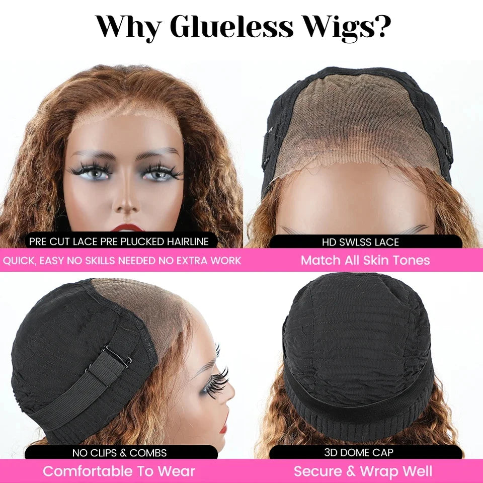 Wear And Go Glueless Wig Ombre Highlight Deep Water Wave 6x4 Hd Lace Glueless Pre Plucked Human Wigs Ready To Go Curly Wig 100%