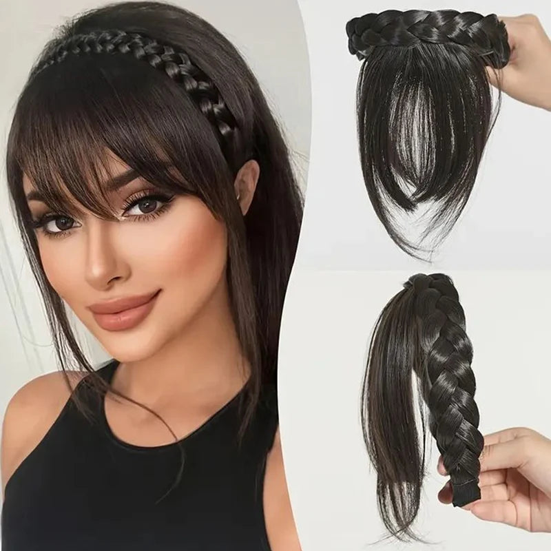 Synthetic Wig with Bangs and Sideburns Trendy Braided Headband Hair Braid Headband for Women Hair Extension Bangs Braided Wigs