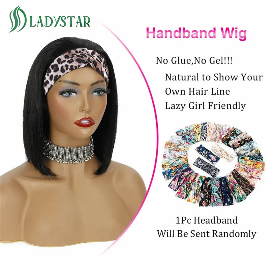 Short Straight Bob Headband Wigs Brazilian Human Hair Wig With Headband. Full Machine Made