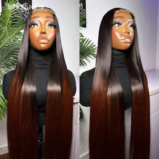 Human Hair Glueless 4by4 Closure Ombre Black Brown Straight Wig for Woman Brazilian Pre Plucked 13x4 HD Lace Frontal Colored Wig