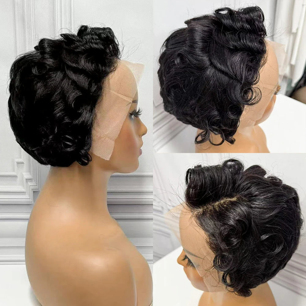 Pixie Cut Short Bob Human Hair Wigs 13x4 Transparent Lace Frontal Wigs Brazilian 180% Density Loose Curly For Black Women