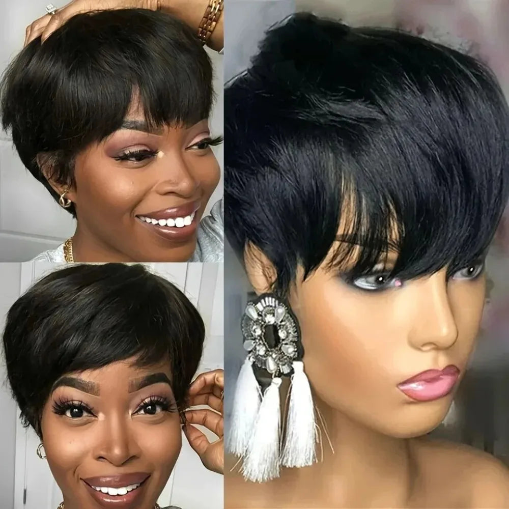 Full Machine Made Wigs With Bangs Human Hair Wigs Hinghlight Blond Short Pixie Cut Wig Human Hair For Black Women