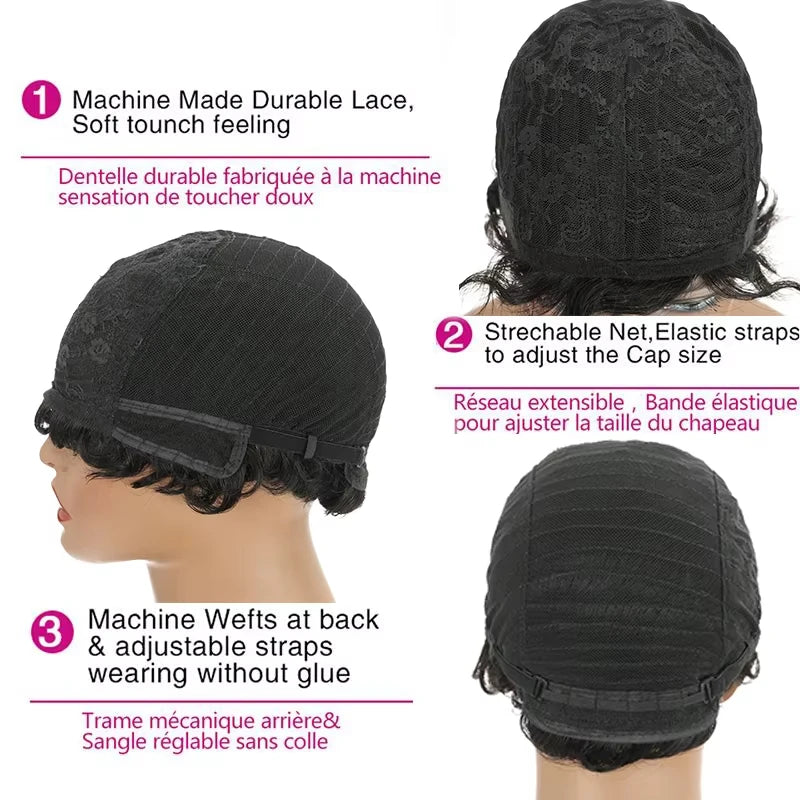 Pixie Cut Human Hair Wigs For Black Women Afro Rose Curly Funmi Machine Made Wigs with Bangs Short Bouncy Curly Bob Wig