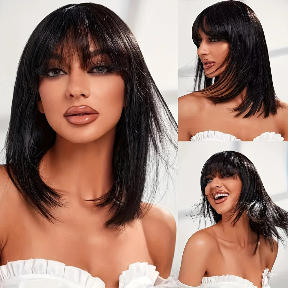 Double Drawn Short Bob Wig With Bangs Human Hair Bone Straight Vietnamese 100% Human Hair Wigs Full Machine Made Glueless Wigs