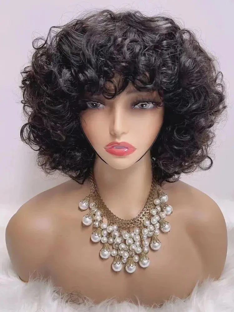 Pixie Cut Human Hair Wigs For Black Women Afro Rose Curly Funmi Machine Made Wigs with Bangs Short Bouncy Curly Bob Wig