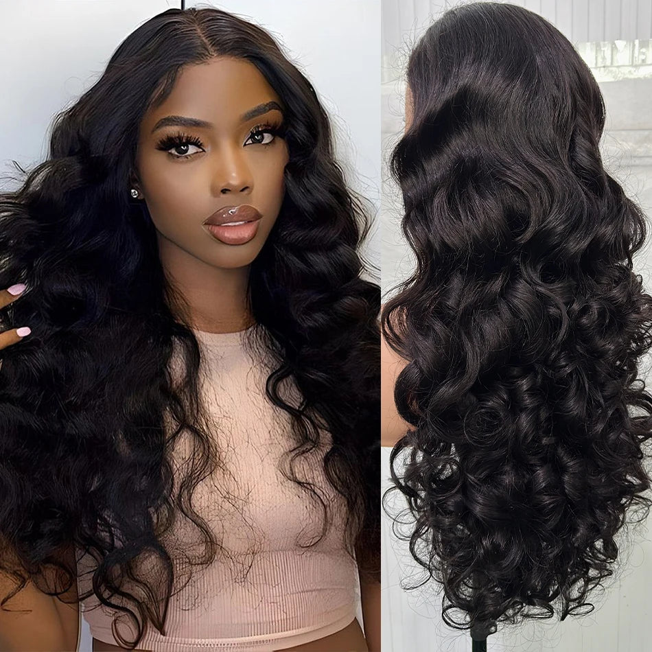 100% Human Hair Natural Black 250 Density Bouncy Curly Loose Body Wave Super Double Drawn Raw Indian Hair 13x4 Lace Frontal Wigs