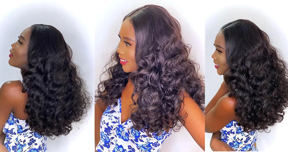 100% Human Hair Natural Black 250 Density Bouncy Curly Loose Body Wave Super Double Drawn Raw Indian Hair 13x4 Lace Frontal Wigs