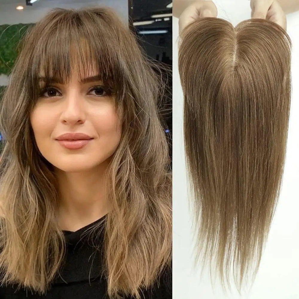 Real Human Hair Toppers. Silk Base Clip-in. Topper with Bangs.  14 Inch