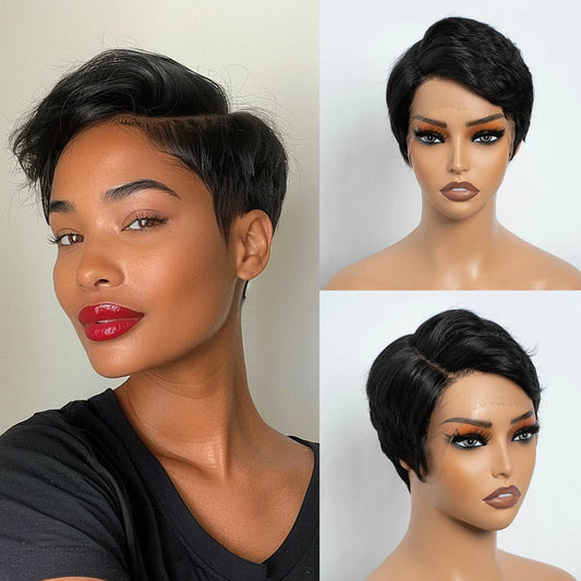 Short Bob Pixie Cut Human Hair Wigs Natural Black Short Straight Bob Wigs Natural Black Colored 13x5x1 T Lace Frontal Wigs