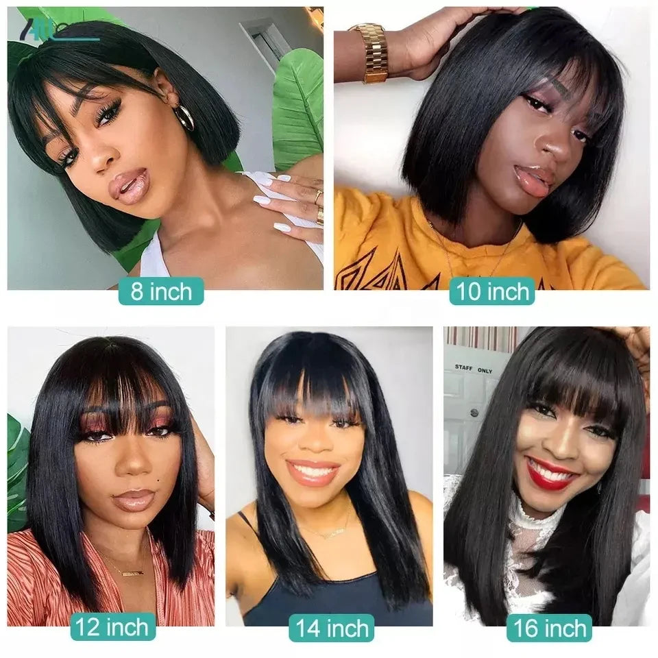 Cheap Double Drawn Virgin Hair Bob Wig With Bang Glueless Real Vietnamese Bone Straight Full Machine Made Human Hair Wigs Fringe