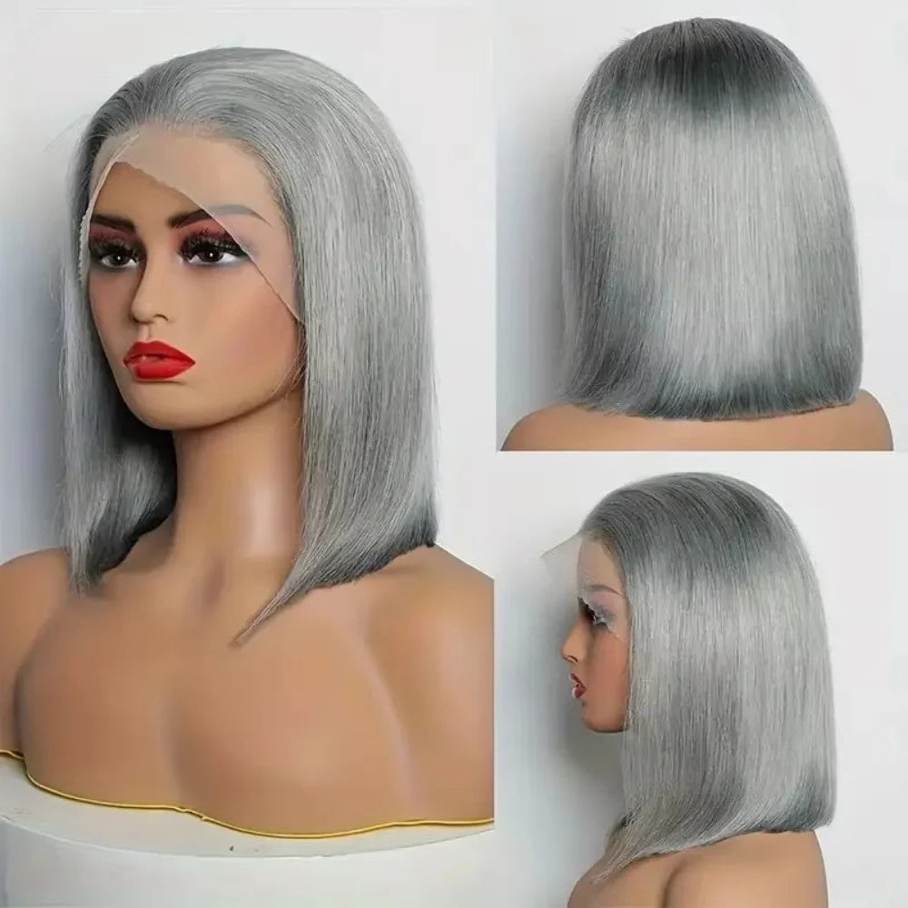 Human Hair Silver Grey Straight Bob Wigs Lace Front Pix Cut Human Hair Short Wigs Gray Colored 13X4 Lace Frontal Bob Wig 14 Inch