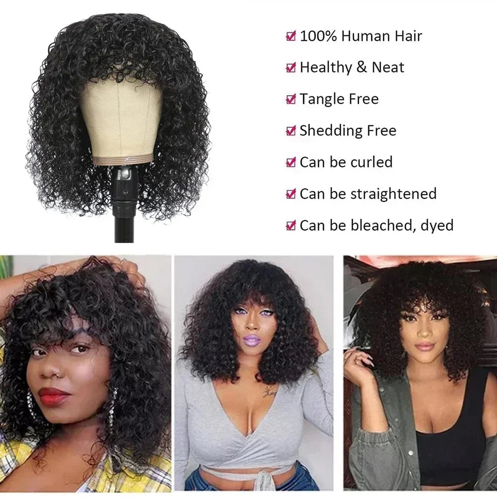 Curly Human Hair Wigs With Bangs 180% Density Water Wave Virgin Human Hair Full Machine Made Curly Glueless Wigs For Black Women