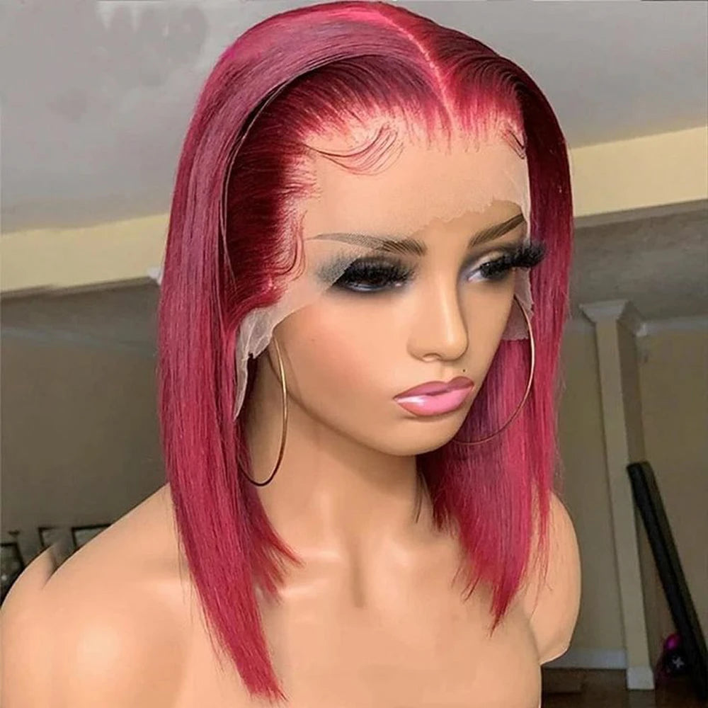 12Inch 99j Bob Wig Human Hair Glueless 13x4 HD Transparent Lace Frontal Wig Human Hair Bob Wigs PrePlucked 180% Density