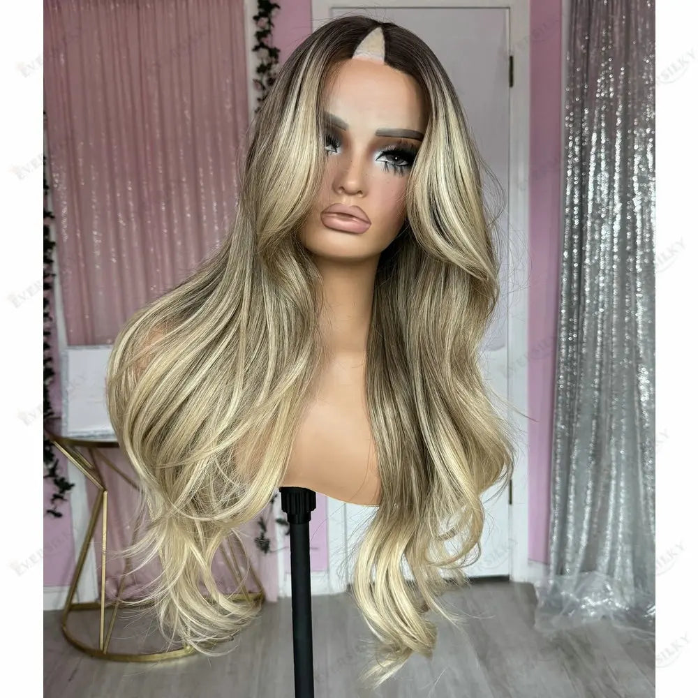 Light Ash Blonde Highligths Glueless U Part Wig Human Hair Balayage Roots Curly V Part Wig 100% Virgin Human Hair Wig for Women