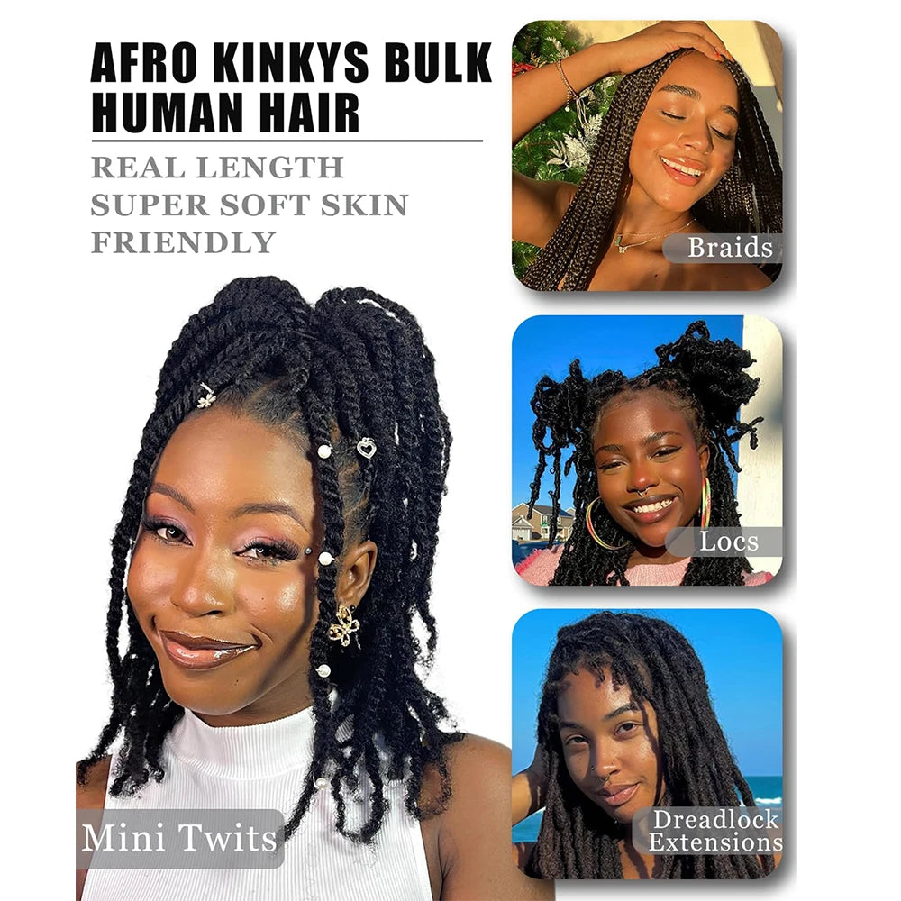 Afro Kinkys Bulk Human Hair for Dreadlocks Extensions Repair Locs Twist Braiding Afro Kinky Human Hair for Locs Natural 12-18