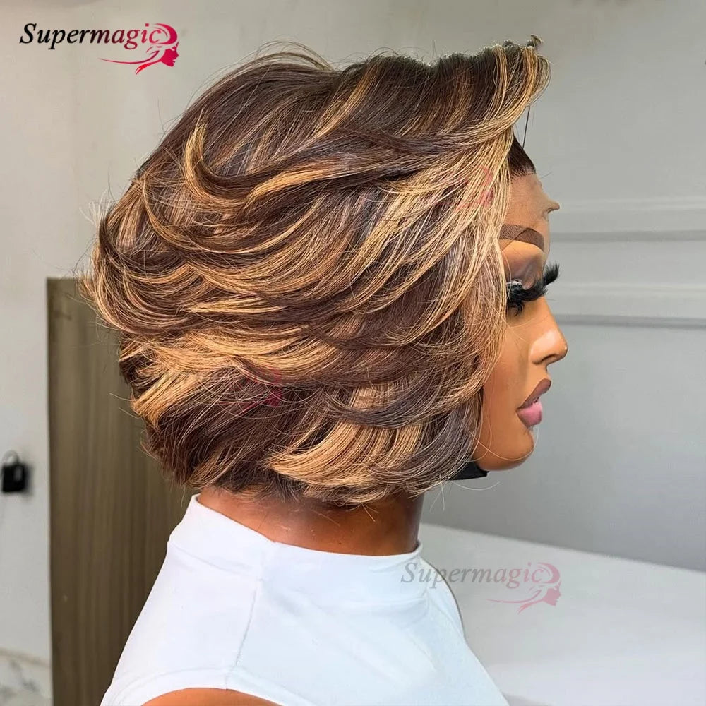 13x4 Frontal Wig New Trendy Layered Cut Straight Human Hair Wigs Short Wig Highlight Piano Color 4X4 Lace Closure Wig for Women