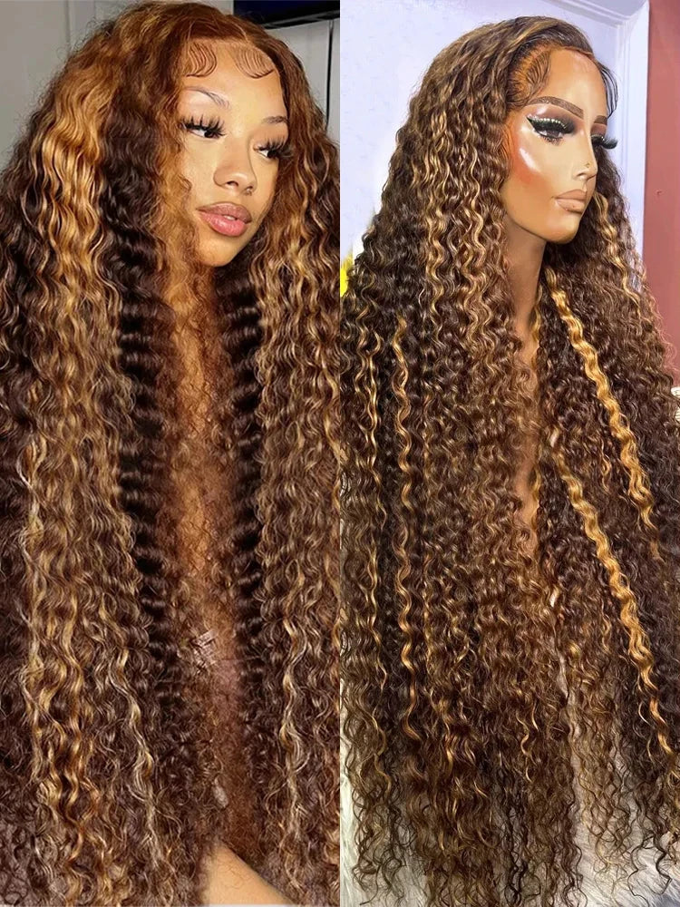 Wear And Go Glueless Wig Ombre Highlight Deep Water Wave 6x4 Hd Lace Glueless Pre Plucked Human Wigs Ready To Go Curly Wig 100%