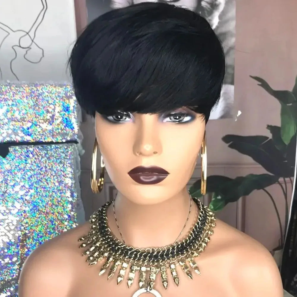 Full Machine Made Wigs With Bangs Human Hair Wigs Hinghlight Blond Short Pixie Cut Wig Human Hair For Black Women