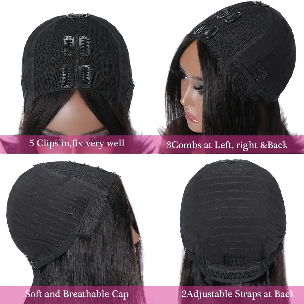 Brazilian Straight Bob Wig Human Hair Machine Made V Part Wigs Natural Color Full Head Clip in Half Wig For Women Human Hair