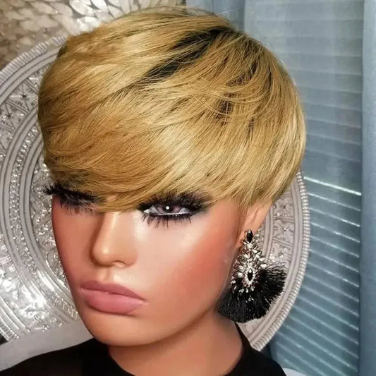 Full Machine Made Wigs With Bangs Human Hair Wigs Hinghlight Blond Short Pixie Cut Wig Human Hair For Black Women