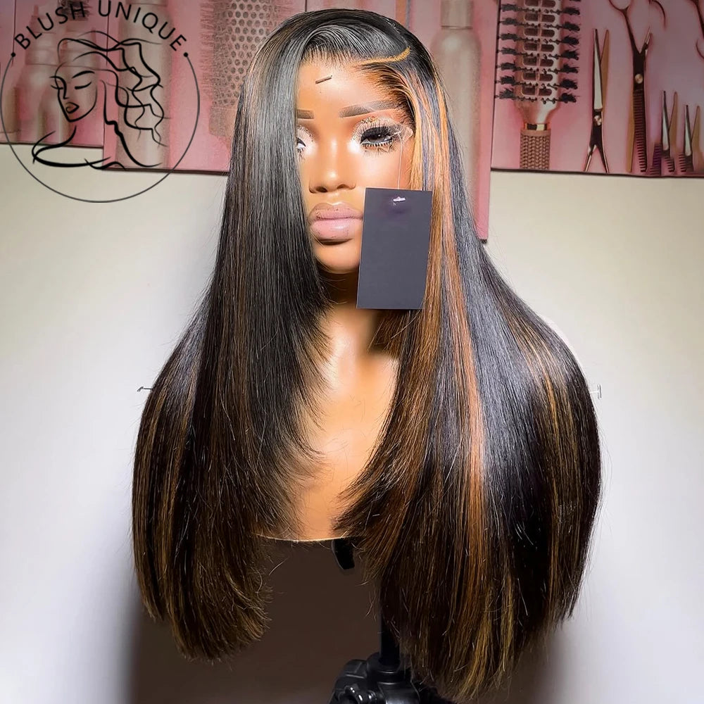 HD Straight Lace Front Wig Layered Wigs Reddish Brown Layered Cut Lace Wigs Copper Red Synthetic Butterfly Haircut Glueless Wigs