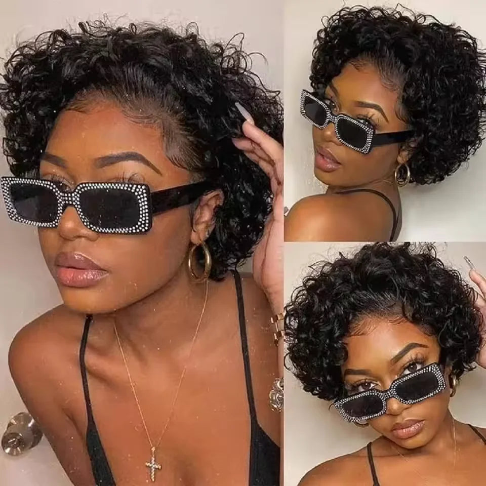 Pixie Cut Wig 13x1 Lace Frontal Short Kinky Curly Bob Wigs Brazilian Water Wave Transparent Lace Front Human Hair Short Wigs