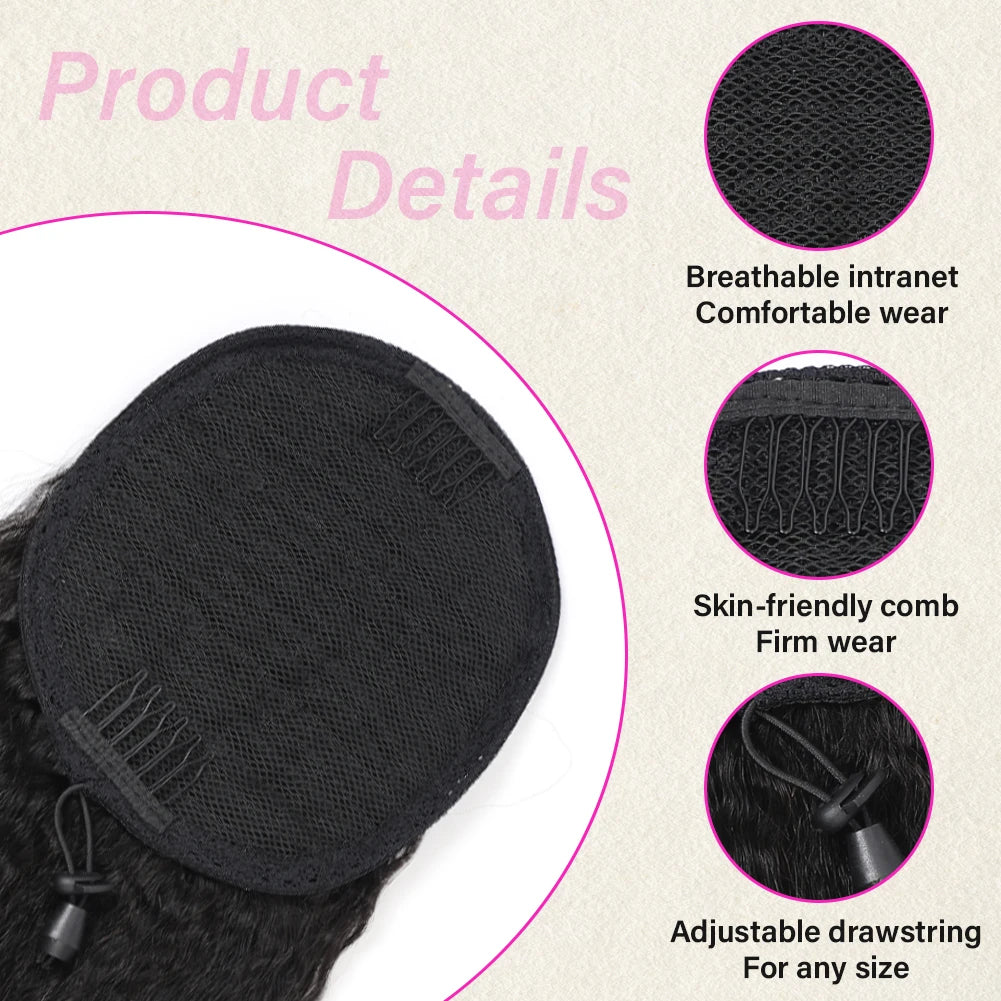 Drawstring Ponytail Deep Kinky Curly  Human Hair Clip Ponytail Extension Protective Style Brown Afrofor Women  Natural Black