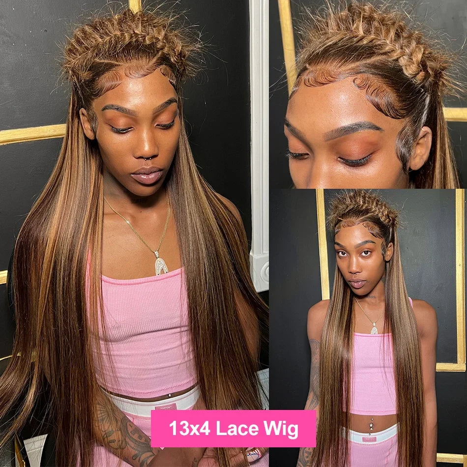 Highlight Wig Human Hair Honey Blonde Brown Colored Lace Front Wigs For Women Pre Plucked Bone Straight Lace Frontal Wig Remy