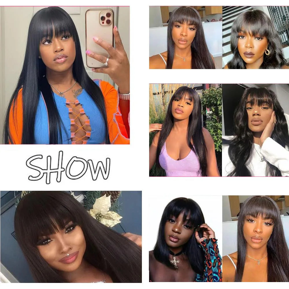 Bone Straight Human Hair Bob Wigs Full Machine With Bangs Glueless 100% Brzailian For Women Choice Non Lace Front Cheap On Sale