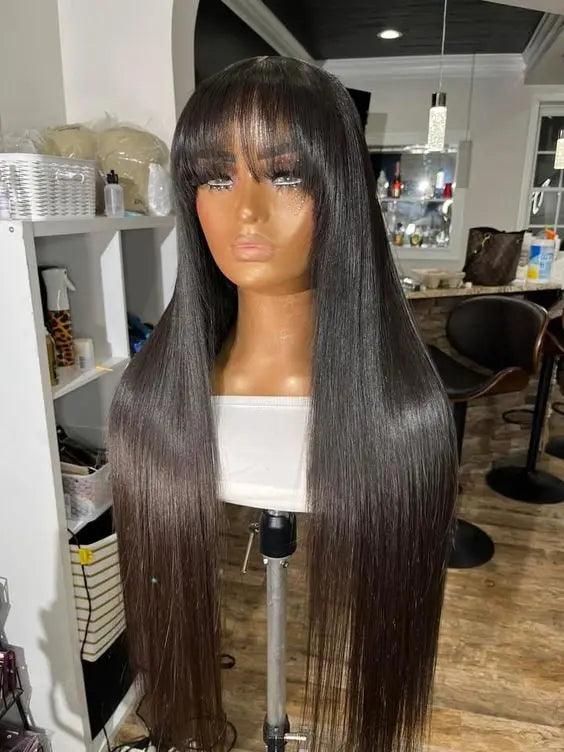 Bone Straight Human Hair Bob Wigs Full Machine With Bangs Glueless 100% Brzailian For Women Choice Non Lace Front Cheap On Sale