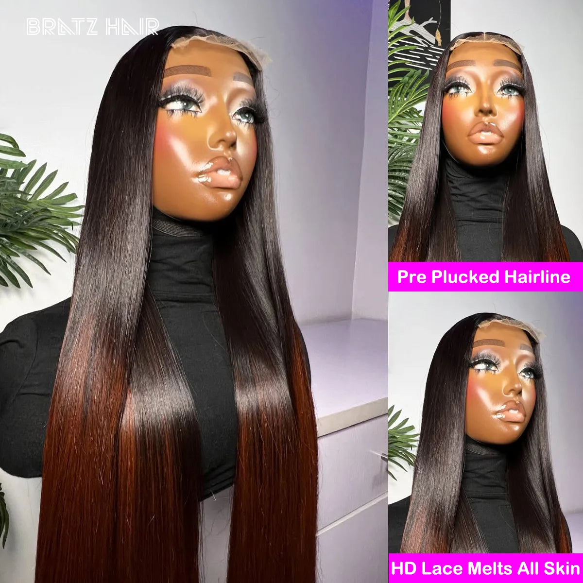 Human Hair Glueless 4by4 Closure Ombre Black Brown Straight Wig for Woman Brazilian Pre Plucked 13x4 HD Lace Frontal Colored Wig
