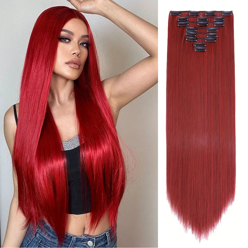 Red Color 8 Pcs Straight Clip-In Human Hair Extensions 8-24 Inch 100% Unprocessed Brazilian Remy Virgin Hair For Women