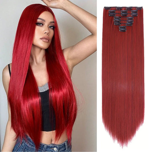 Red Color 8 Pcs Straight Clip-In Human Hair Extensions 8-24 Inch 100% Unprocessed Brazilian Remy Virgin Hair For Women