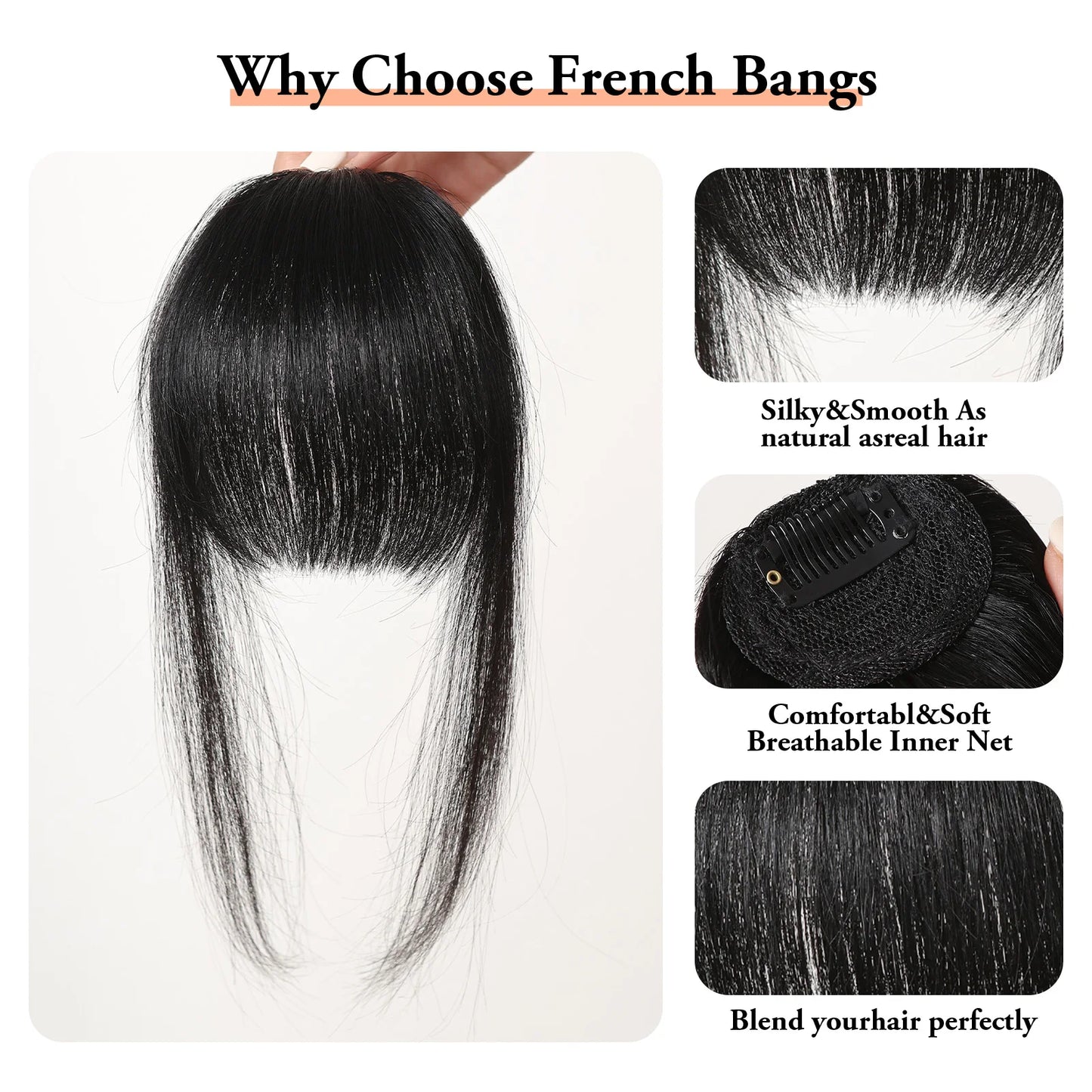 Human Hair Bangs for Women Clip on Air Bangs for Daily Hair Extensions Natural Black Human Wispy Bangs Fringe Blunt Cut Bangs