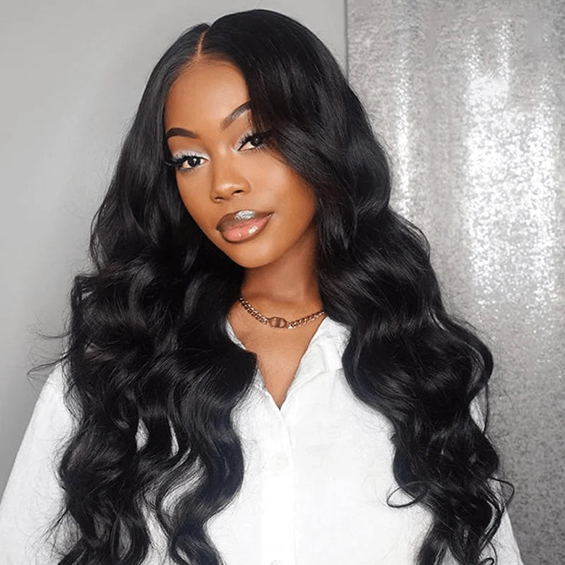 Natural Black Brazilian Body Wave Human Hair Wigs 13x4 HD Transparent Lace Front Wig Pre-Plucked 180% Density Lace Frontal Wig