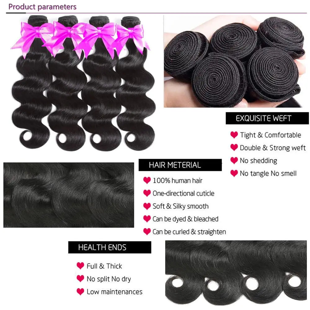 Body Wave Bundles Human Hair Brazilian Virgin Hair Loose Body Wave Extensions Unprocessed Human Hair Wavy Bundles Natural Black