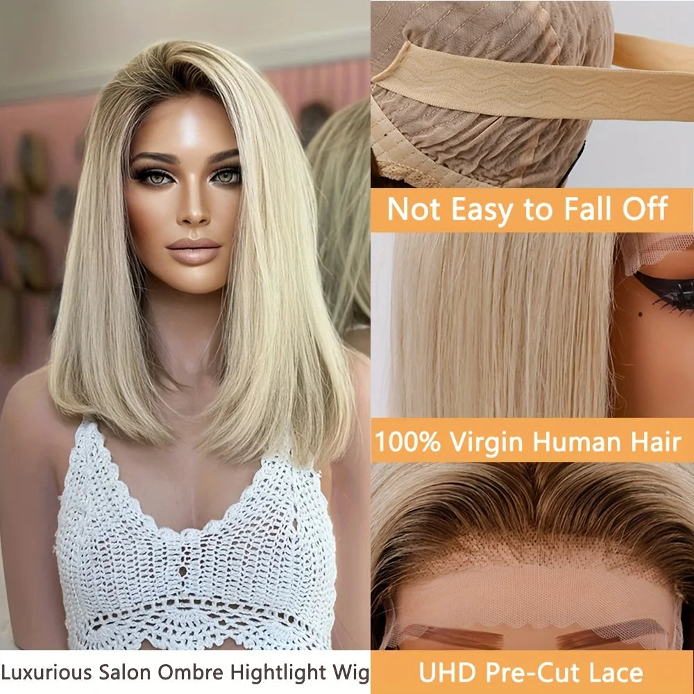 EQ Hair Short Bob Human Hair Ombre Cream Blonde Luxurious 13x4 Lace Frontal Wigs For Women Pre Plucked Brazilian Remy Hair