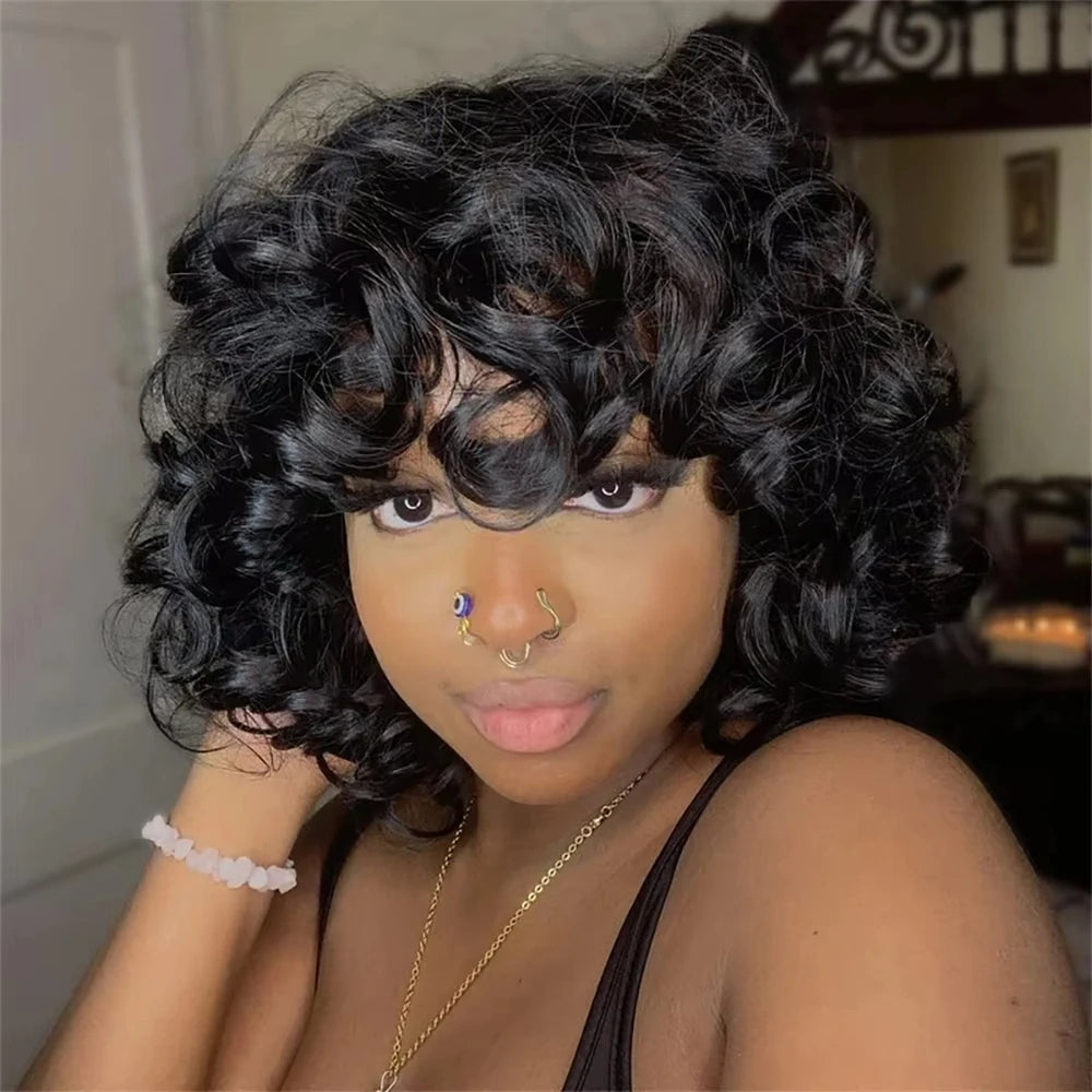Pixie Cut Human Hair Wigs For Black Women Afro Rose Curly Funmi Machine Made Wigs with Bangs Short Bouncy Curly Bob Wig